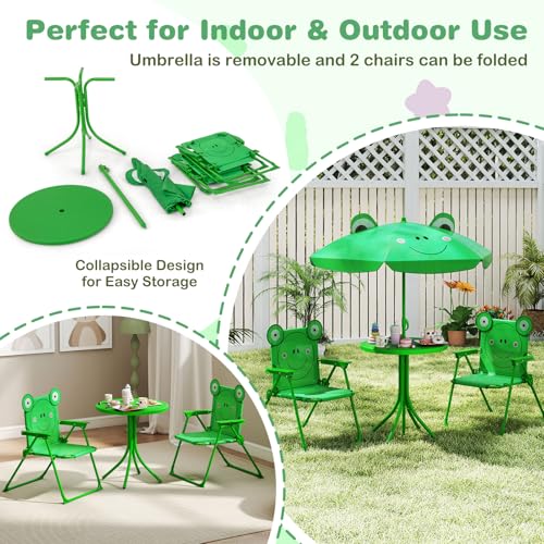 Costzon Kids Picnic Table, Kids Outdoor Table with 2 Folding Chairs, Height Adjustable Umbrella, Portable Children Outdoor Furniture for Patio, Garden, Backyard (Green) - color: Dark Green Frog