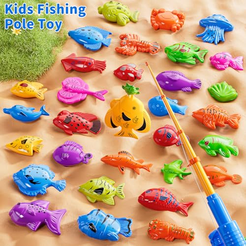 JUKUDAHU Magnet Fishing Toys Game for Kids 3-5 - Floating Fish Toys with Inflatable Kiddie Pool, Bath for Toddlers, Pole Rod Net, Outdoor Party for Boys Girls Kids Age 3 4 5 6 7 8 Year Old - style: 60 PCS Fishing and Round Pool with 2 Pails