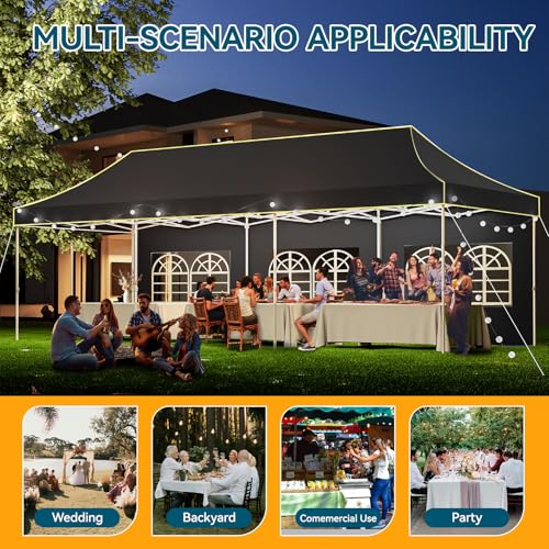 Hoteel 10x30 Pop Up Canopy Tent Heavy Duty with 5 Sidewalls, Waterproof Party Tent, Easy Set-up Commercial Instant Tents with Roller Bag & Sandbags, Hexagonal Leg (1-Year Warranty) - color: Black, size: 10×30 （5 Walls）