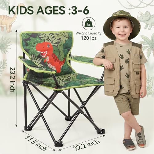 Huskfirm Padded Kids Camping Chair Folding Toddler Chair with Cup Holder & Safety Lock Portable Kids Beach Chair Ages 3-6 for Outdoor Camping Foldable Kids Chair Support 120lbs,Green Dinosaur - color: Green Dinosaur