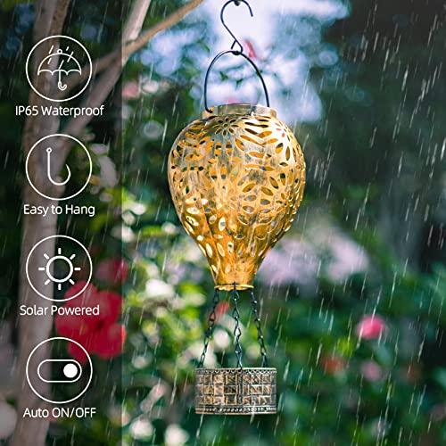 Hot Air Balloon Solar Lantern,Hanging Lantern Outdoor Waterproof Decorative Metal LED Solar Lights for Trees Patio Garden Yard Porch Decor, Gold - style: Gold