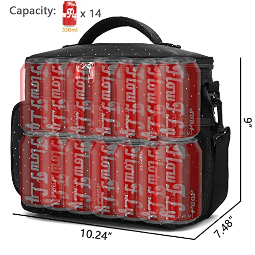 FlowFly Insulated Reusable Lunch Bag Adult Large Lunch Box for Women and Men with Adjustable Shoulder Strap,Front Zipper Pocket and Dual Large Mesh Side Pockets,Dot - color: Dot