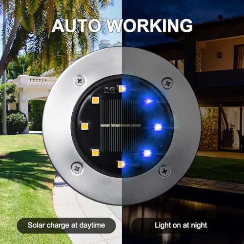 LYHOPE Solar Ground Lights Outdoor, 8 Pack 8 LED Solar Disk Lights Waterproof Garden In-ground Pathway Light Landscape Lighting for Lawn,Yard,Deck,Patio,Walkway (Blue) - color: Blue, size: 8 Pack