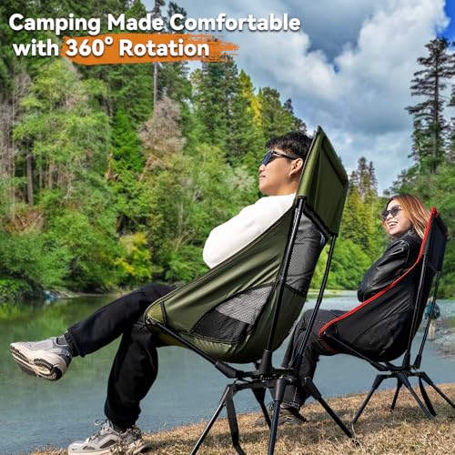 Upgraded 360° Swivel Folding Camping Chair, Lightweight High Back Portable Chairs with Head Support, Compact & Stable for Outdoor Camp, Travel, Beach, Picnic, Festival, Fishing, Hiking, Backpacking - color: High Back Black