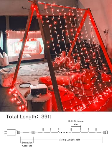 String Lights Indoor Bedroom, 33FT 100 LED Fairy String Lights Outdoor Waterproof, 8 Modes Memory Twinkle Christmas Light Plug in for Classroom Dorm Patio Tree Garden Decor (Red) - color: Red, size: 100LED