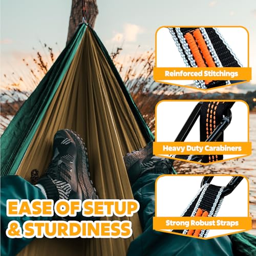 NATUREFUN Ultra-Light Travel Camping Hammock | 300kg Load Capacity,Breathable,Quick-Drying | 2 x Premium Carabiners,2 x Nylon Slings Included | Outdoor Indoor Garden - color: Camel/Olive Green, size: 275x140cm