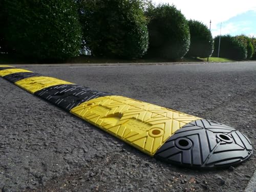 Pittman 8 ft XPT Eco Speed Bump Kit with Cable Channel, Heavy Duty Plastic-Rubber Reflective Black/Yellow Modular 96" Traffic Hump for Asphalt, Concrete, Includes Mounting Hardware - 20 Bolts (755673) - size: 8'