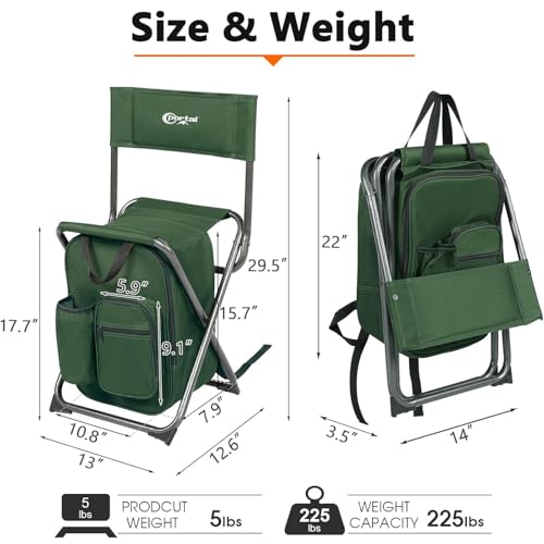 Portal Backpack Cooler Chair Fishing Chairs with Backrest Folding Camping Stool Compact for Outdoors Hiking Hunting Travel, Supports 225 lbs Capacity - color: Green