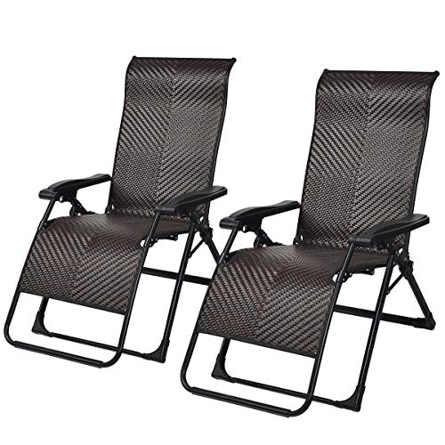 Tangkula 2 PCS Rattan Zero Gravity Chair, Outdoor Adjustable Folding Lounge Chair with Widened Armrest & Locking System, Heavy Duty Wicker Chaise Folding Recliner for Pool, Patio, Beach, Yard (2)