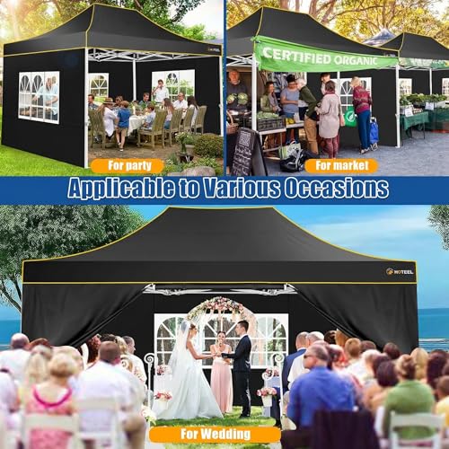 HOTEEL 10x15 Heavy Duty Pop up Canopy Tent for Parties with 4 Sidewalls, Easy Setup Outdoor Commercial Instant Gazebo for Wedding Event, with Roller Bag & Sand Bags, Black(Hexagonal Frame) - color: Black, size: 10x15FT (+4 Walls)