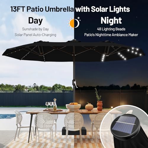 AreShark 13 FT Patio Umbrella with Solar Lights, Double-Sided Outdoor Table Umbrellas with Crank, Large Rectangular Market Umbrella for Porch, Lawn, Pool, Backyard, Black - color: Black, size: 6.5x13 Ft