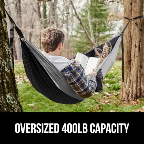 GORILLA GRIP Durable Camping Hammock with Heavy Duty Tree Straps, Portable Hammocks for Outside, Easy to Use Travel Swing Chair, Outdoor Camper Hiker Essentials, Backpacking Gear Gifts, Single, Black - color: Black/Grey, size: Single (9' x 4.5')