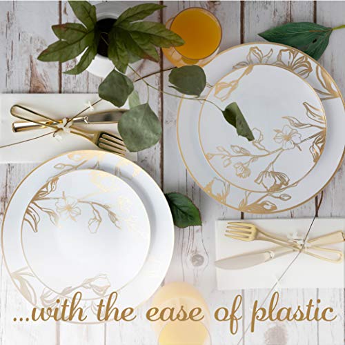 PLASTICPRO 128 Piece Combo Plates Set includes 64 7'' inch Plates & 64 10'' inch Plates White Plastic Floral Design Party Plates With Gold Rim, Premium Elegant, Tableware, Dishes, - size: 128 Plates (64 sets)