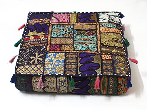 Mam Treasures Indian Bohemian Decorative Pillow Vintage Cushion Cover Patchwork Square Floor Pillow Cover Meditation Cushion Large Floor Pillow Indian Cushion (Dark Blue, 16 X 16 X 5 Inch) - color: Dark Blue, size: 16" x 16" (Pack of 1)