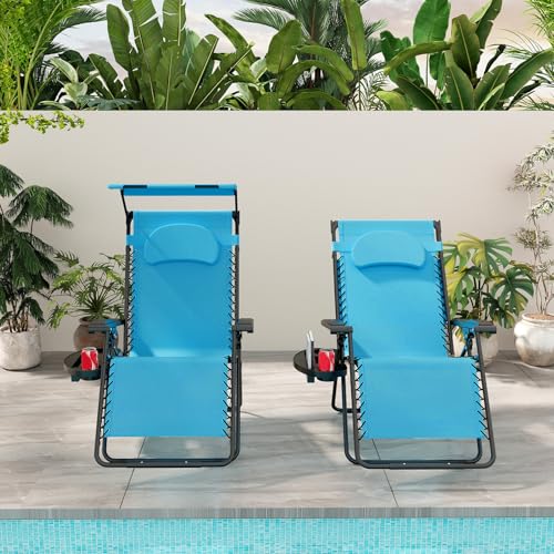 Goplus Zero Gravity Chairs, X-Large Folding Lounge Lawn Chair w/Canopy Shade & Cup Holder, Adjustable Folding Patio Recliner for Pool Porch Deck Oversize (Blue) - color: Blue Zero Gravity Chair