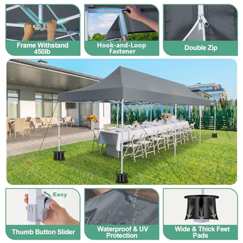 COBIZI 10x30 Canopy Tent, Heavy Duty Pop up Canopy with Sidewalls, Waterproof Easy Setup Canopy with Mosquito Netting, Outdoor Instant Screen Tents for Parties, Wedding with Roller Bag, Gray - color: Gray, size: 10x30FT