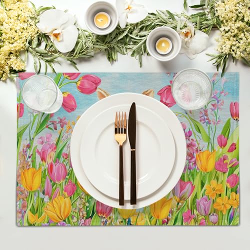 Easter Bunny Placemats Set of 4, 12x18 Inch Colorful Painting Tulip Flowers Rabbit Place Mat Heat Resistant Washable Rectangle Dining Table Mat Farmhouse Kitchen Holiday Decor - color: Bunny Tulip Flowers