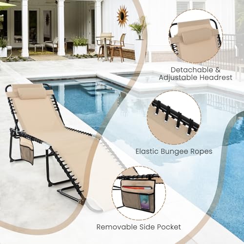GYMAX Lounge Chairs for Outside, Extra High Folding Beach Tanning Lounger with Adjustable Backrest, Footrest & Removable Pillow, Sunbath Lounge for Patio, Lawn, Poolside (1, Beige with Pocket) - color: Beige With Pocket