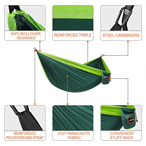 AnorTrek Camping Hammock, Super Lightweight Portable Parachute Hammock with Two Tree Straps Single or Double Nylon Travel Tree Hammocks for Camping Backpacking Hiking - color: Dark Green&green, size: Double 118''L x 78''W
