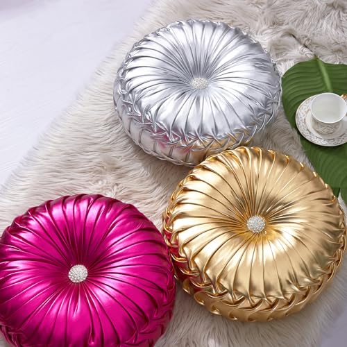 EUCIOR Gold Throw Pillows,Circular Pillow,Pumpkin Pleated Handmade Throw Pillows,Gold Pillows,Smooth Metallic Leather Decorative Pillows for Home Decor Bedroom Living Room Couch Bed Sofa - color: Gold