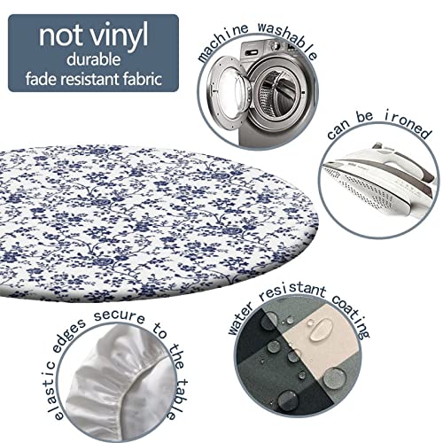Floral Pastoral Style Fitted Tablecloth Round Blue Floral Elastic Edge Table Cover, Polyester Table Pad Cloth for Indoor Fits Tables up to 28 in Diameter - color: Blue, size: 28" (Round)