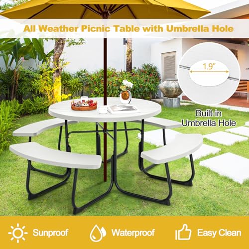 Tangkula 8 Person Picnic Table, Outdoor Round Picnic Table with 4 Built-in Benches, Umbrella Hole, Metal Frame & HDPE Tabletop, Outside Table and Bench Set for Backyard, 2300lbs Weight Capacity - color: White