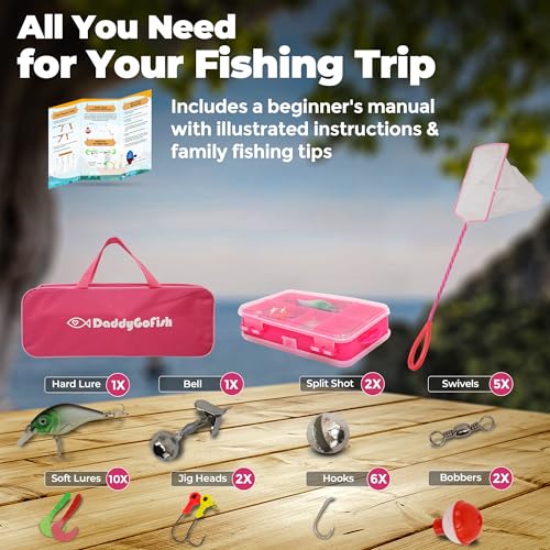 DaddyGoFish Kids Fishing Pole - Rod Reel Combo Tackle Box Starter Set - First Year Small Gear Kit for Boys Girls Toddler Youth Age Beginner Little Children - color: Pink (Essential Set), size: 4ft