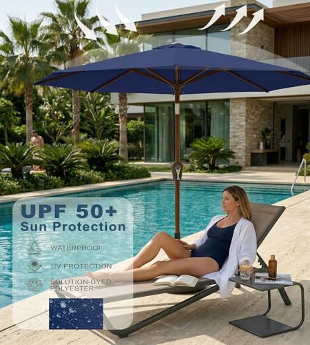 PatioKingdom 10FT Patio Umbrella with Push Button Tilt and Crank, Outdoor Market Umbrella with 8 Fiberglass Ribs, UV Protection Table Umbrella for Pool,Backyard,Garden,Deck - color: Navy, size: 10FT