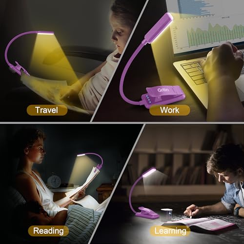 Gritin 9 LED Rechargeable Book Light for Reading in Bed - Eye Caring 3 Color Temperatures,Stepless Dimming Brightness,80 Hrs Runtime Small Lightweight Clip On Book Reading Light-Dark Purple - color: Dark Purple
