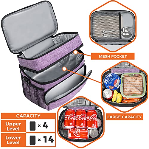 opux Insulated Lunch Bag for Men Women, Large Dual Compartment Cooler Bag, Soft Two Deck Lunch Box for Work School Picnic, Leakproof Lunch Tote with Shoulder Strap for Kid Adult (Purple, Double Deck) - color: Heather Purple, size: Double Deck