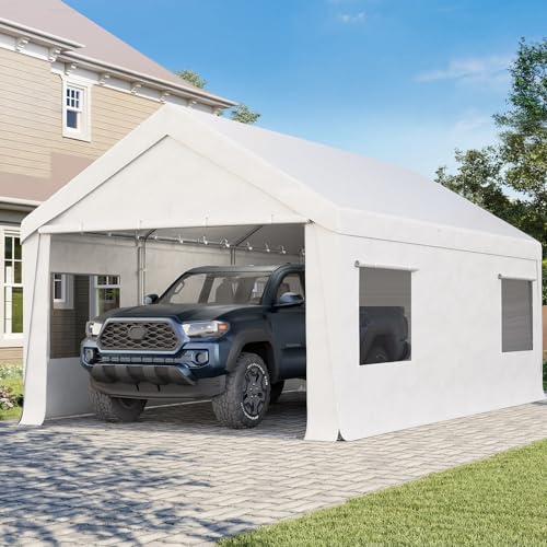 Bezseller 10x20 FT Heavy Duty Carport Canopy with Removable Sidewalls, Portable Garage Tent with Roll-Up Windows & Doors, Car Port with All-Season Tarp for Cars, Trucks, Boats, White - color: White, size: 10 X 20