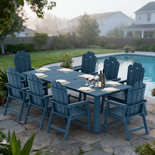9-Piece Patio Dining Set, Outdoor Dining Set for 8, Large HDPE All-Weather Outdoor Furniture with 89.57” Umbrella Hole Table, 8 Armchairs, Navy - color: Navy, size: 8 Armchairs