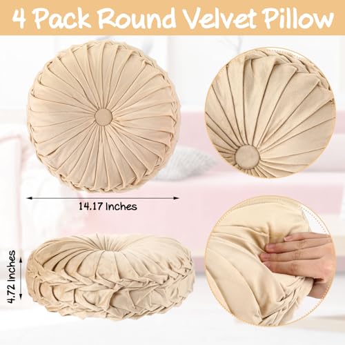 Kathfly Set of 4 Decorative Round Pleated Throw Pillows, Classy Velvet Pumpkin Round Throw Pillows, Decorative Floor Pillow for Bed Chair Home Sofa Decor, 14" Diameter(Multicolor) - color: Multicolor