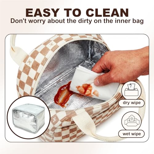 LEDAOU Lunch Box for Women Insulated Lunch Bag Corduroy Lunch Tote Bags Leakproof Cooler Lunch Case for Travel Work Picnic (rown Checkered Bow) - color: Brown Checkered Bow
