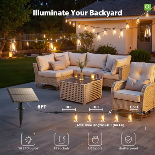 KYY 54FT Solar String Lights Outdoor Waterproof with USB Charging & Remote, Dimmable & Timable, Solar Powered Patio Lights with LED Shatterproof Bulbs for Deck Backyard Porch Garden Camping - size: 48+6FT(16 Sockets)