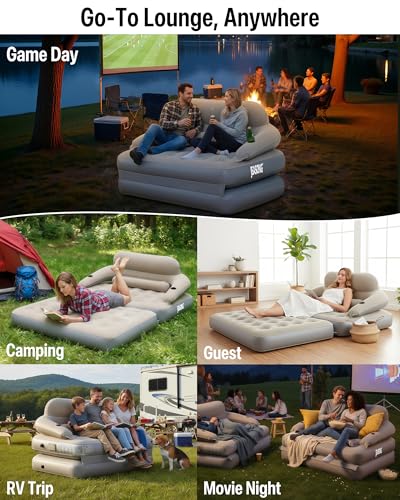 JEASONG Blow Up Couch Air Mattress Queen with Built in Pump, 2-in-1 Air Sofa & Inflatable Mattress, AirBed Blow Up Mattress with Headboard & Cupholder, Inflatable Couch for Camping, Movie Night, Guest