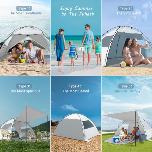 Elegear CumbreX™ Beach Tent Sun Shelter with Canopy, 4-5 Person Pop Up Beach Tent, Easy Setup UPF 50+ UV Protection Portable Lightweight Double Silver Coating Cabana Sun Shade Shelter - Silver - color: Silver, size: 4-5 Person