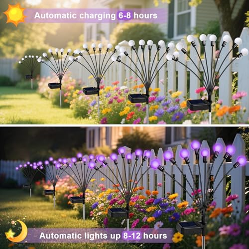 ZFNN Solar Garden Lights Outdoor, 4 Pack Firefly Swaying Lights Purple, Waterproof 4 Pack 24 Heads Garden Decor for Yard Patio Pathway Lawn, Gardening Gifts for Women Christmas Decoration - color: Purple, size: 4 Pack 24 LED