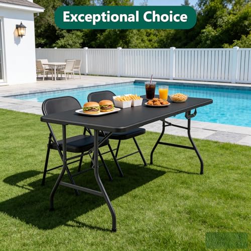 Folding Table 5FT Heavy Duty Plastic Table with Handle, Foldable&Portable, Fold-in-Half Utility Tables for Outdoor, Dining, Wedding, Events, Indoor, Picnic, Camping, Party, Coffee Black - color: Black, size: 5FT