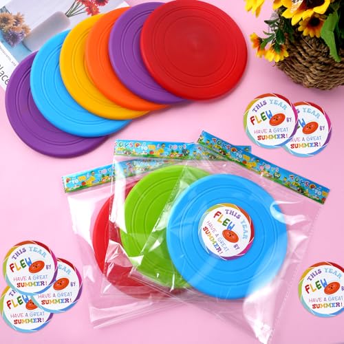 24 Pcs Flying Disc End of Year Gifts Bulk, 7” Rubber Flyer Disks with Gift Cards Outdoor Flying Discs for End of Year Gift Summer Beach Party Supplies, 6 Colors