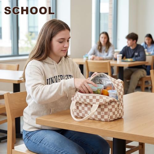 LEDAOU Lunch Box for Women Insulated Lunch Bag Corduroy Lunch Tote Bags Leakproof Cooler Lunch Case for Travel Work Picnic (rown Checkered Bow) - color: Brown Checkered Bow