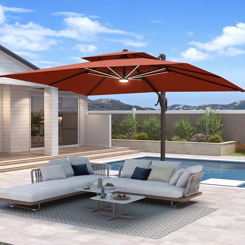 10 X 13 FT Cantilever Patio Umbrella with Led Lights Outdoor Rectangle Offset Large Double Top Heavy Duty Umbrellas with 360°Rotation for Pool Deck Backyard Garden, Wine Red - color: Wine Red, size: 10×13 Ft Without Base