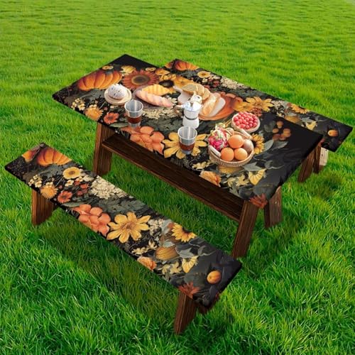 Fall Picnic Table Cover for Outdoor Camping Pumpkin Sunflower Elastic Fitted Table Cloth for Camping Party Supplies 3 PCS Set - color: Pumpkin Sunflower, size: Small