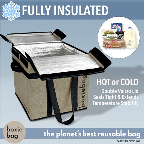 Boxiebag Reusable Grocery Bag (Single) – Durable Reusable Shopping Bag Box. Insulate, Stand Up, Stay Open, Fold Flat – Large Tote Bag with Long Handles & Reinforced Bottom. 2 Year Warranty.