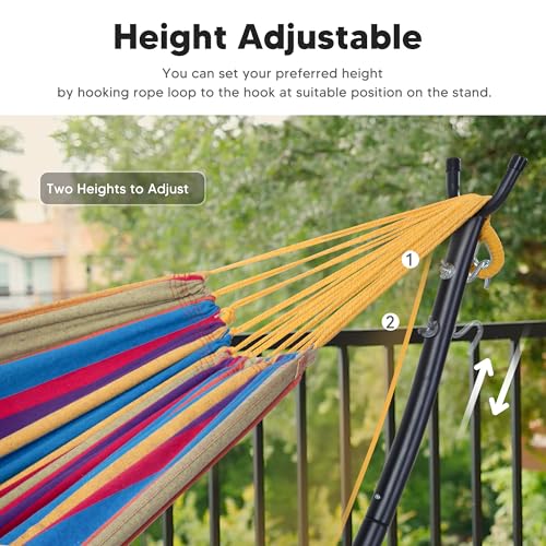 SUNCREAT Portable Large Hammock with Stand, Two Person Hammock with Stand Included, Rainbow Stripes - color: Yellow Purple