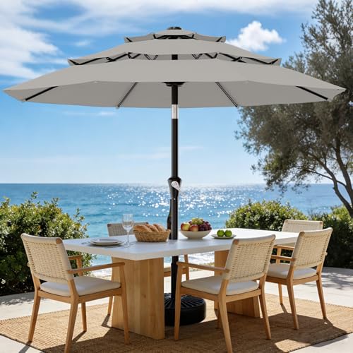 AreShark 9ft 3-Tier Patio Umbrellas, Outdoor Umbrella with 8 Sturdy Ribs UV Protection Windproof, Market Table Umbrella w/Push Button Tilt & Crank for Pool, Porch, Deck, Garden(Foggy Gray) - color: Foggy Gray