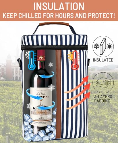 Insulated Wine Bag - Wine Bottle Carrier Tote Cooler Bags for Gifts Travel Picnic Beach, Blue and White Stripes - 2 Bottle - color: Blue and White Stripes, size: 2 Bottles