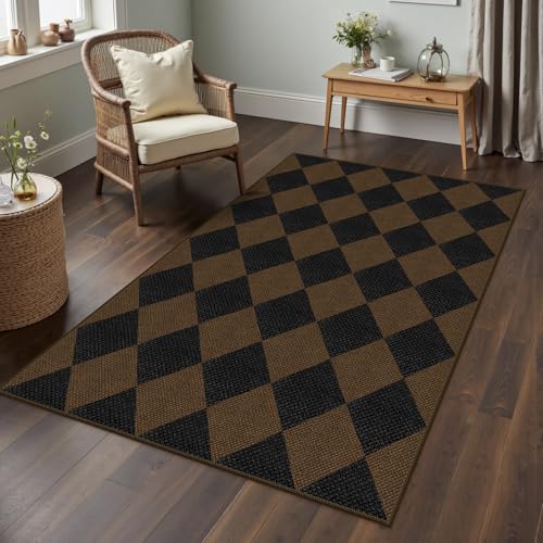 Rugalia Easy Jute Small Outdoor Patio Rug, 3x5 Coffee Checkered Entryway Rug Washable Modern Diamond Kitchen Rugs, Non-Slip Neutral Farmhouse Throw Carpet for Living Room Porch Backyard - color: Coffee Checkered, size: 3' x 5' (Rectangular)