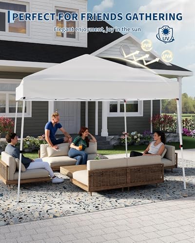 10x10ft Pop Up Canopy Tent with Slant Legs – Outdoor Instant Gazebo Shelter, UV-Resistant Waterproof Cover, Adjustable Height, Carrying Bag – 8x8ft Shade for Patio, Beach, Garden, Events - color: White
