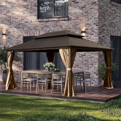 Domi 10' x 14' Hardtop Gazebo, Outdoor Metal Gazebo for Patios with Galvanized Steel Double Roof, Heavy Duty Curtains and Netting Included, Permanent Pergola for Backyard, Garden Lawn, Brown - color: Brown, size: 10'×14' Double Roof
